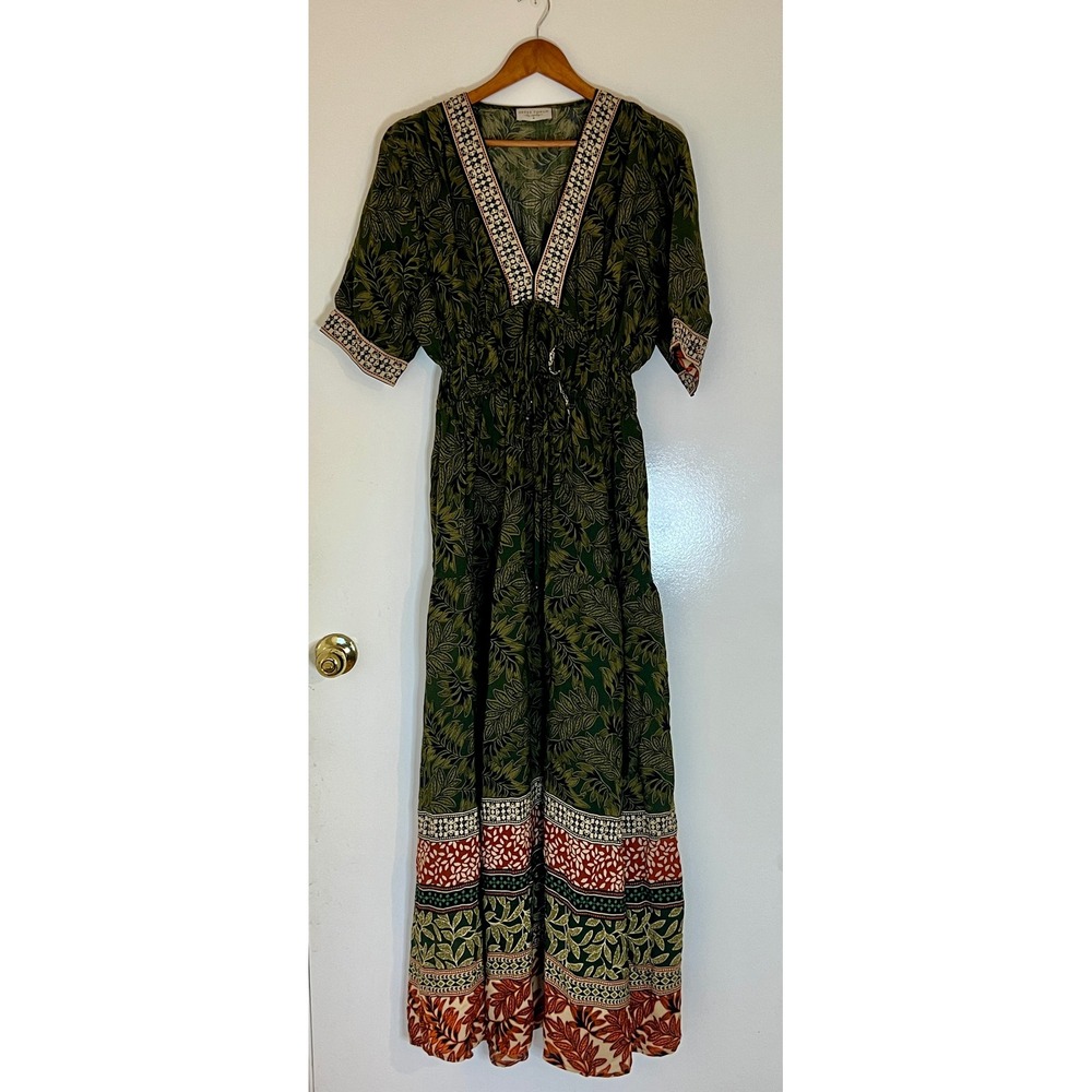 Dress‎ Forum Los Angeles Green Leaf Print Boho Maxi Dress Embroidered V-Neck M